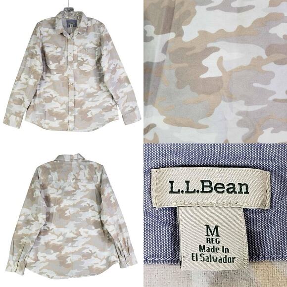LL Bean Button Down Shirt LS Men’s Size Medium M Beige Camouflage Cotton - Picture 1 of 10